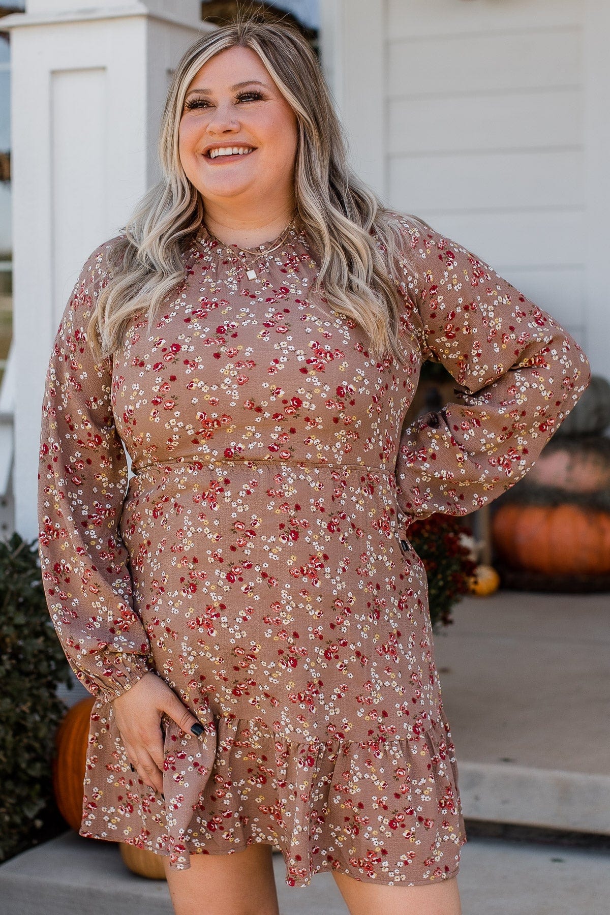 Evenings In Autumn Floral Dress- Mocha - Image 3
