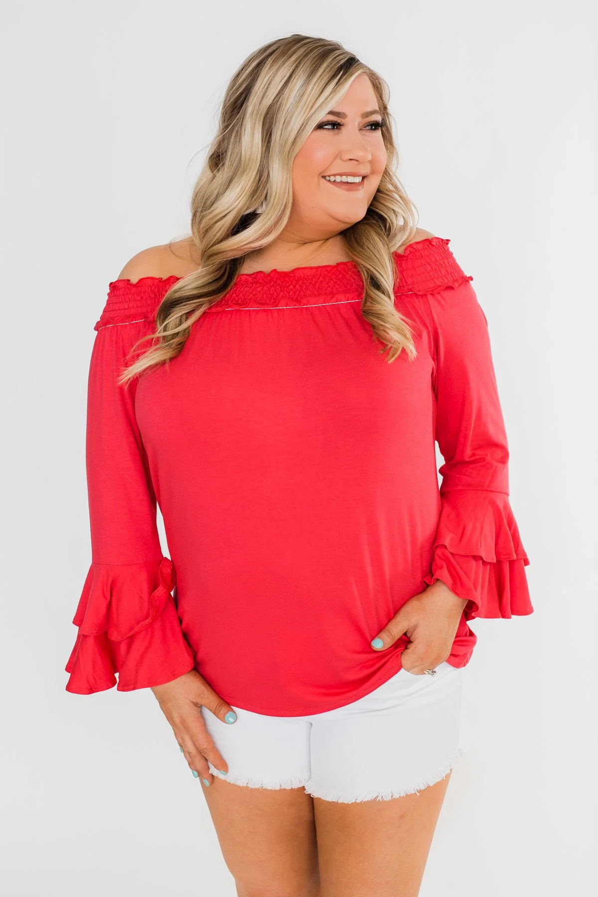 Everlasting Love Off The Shoulder Ruffle Top- Dark Strawberry - Image 10