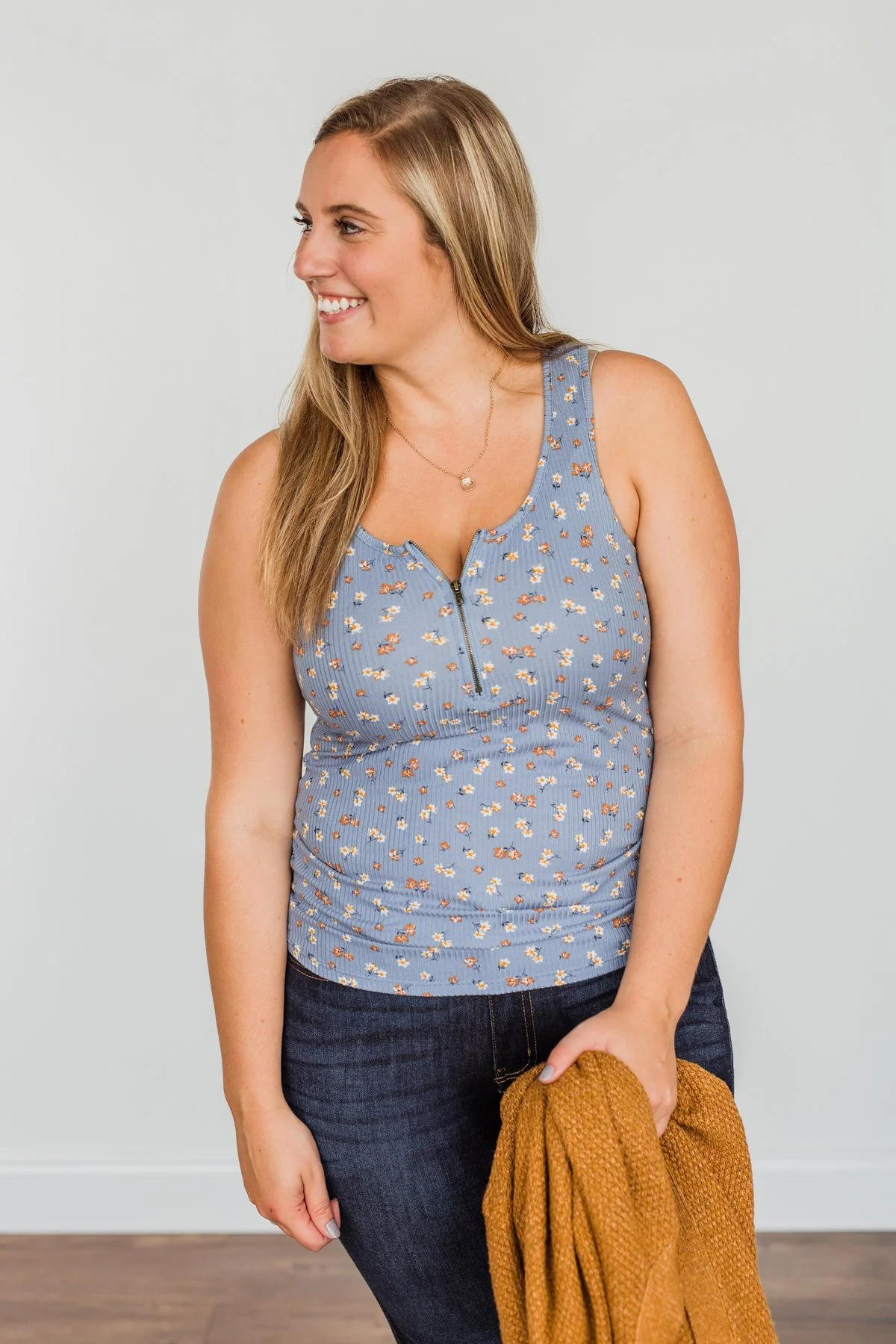 Everlasting Moments Floral Zipper Henley Tank Top- Denim Blue - Image 6