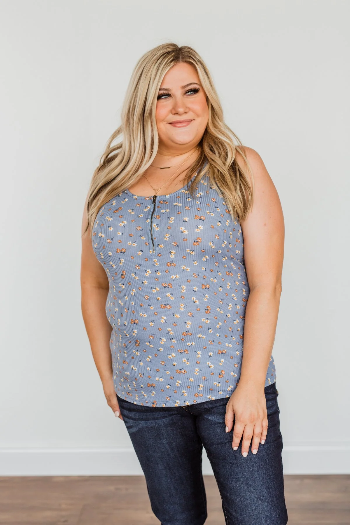 Everlasting Moments Floral Zipper Henley Tank Top- Denim Blue - Image 8