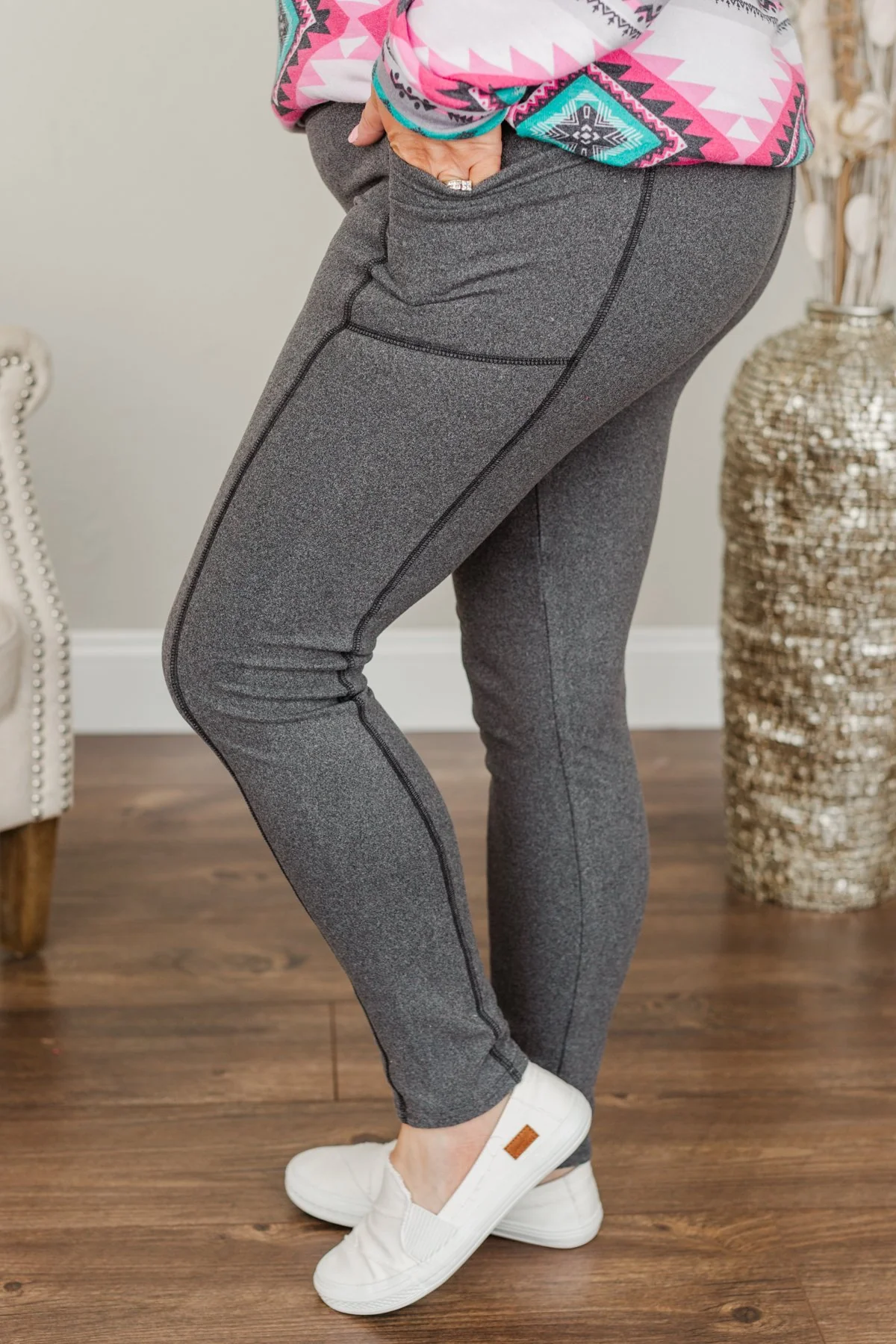Every Step Of The Way Thick Fleece Leggings- Charcoal - Image 13