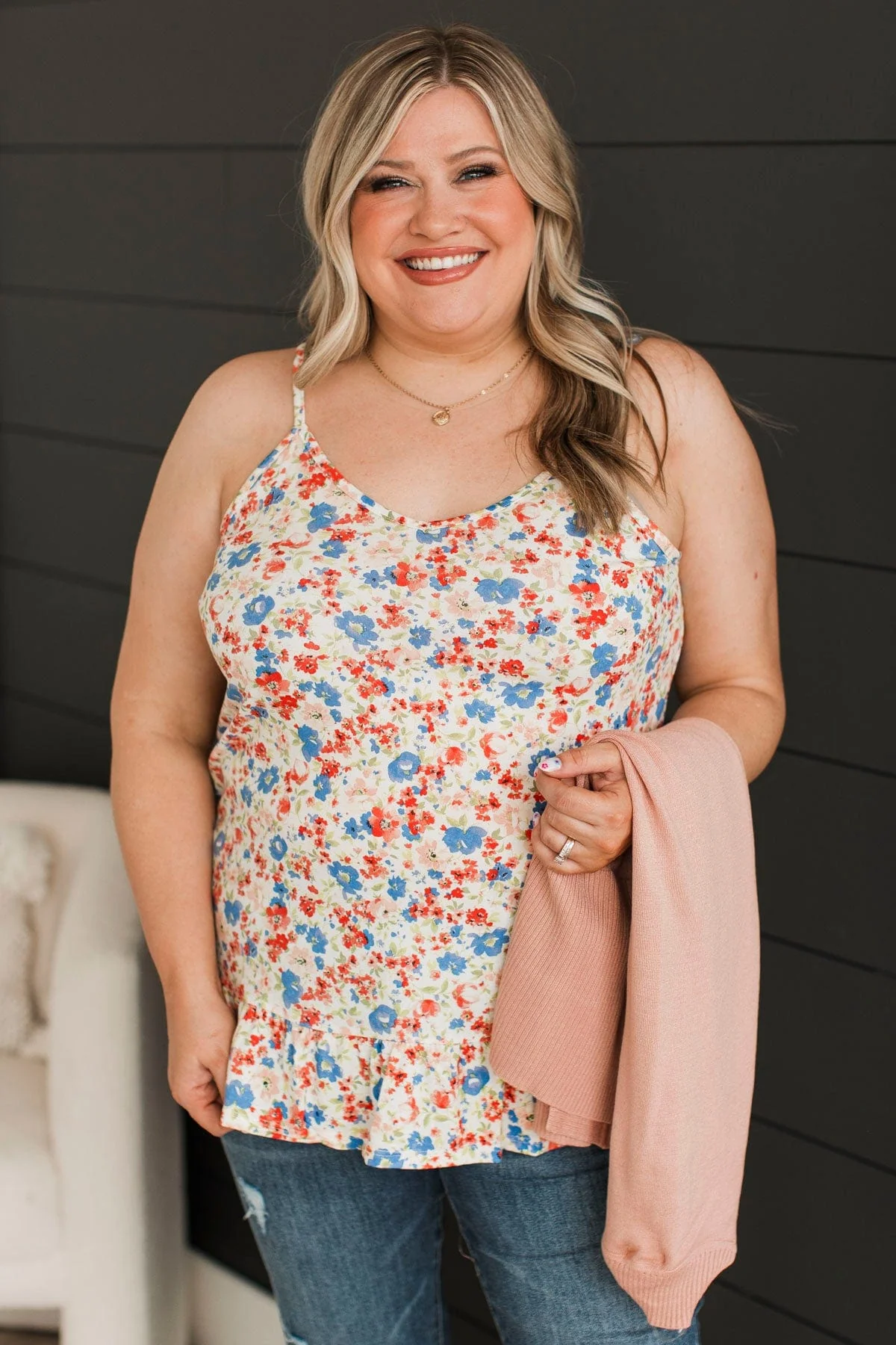 Every Word You Say Floral Tank Top- Ivory & Indigo - Image 2
