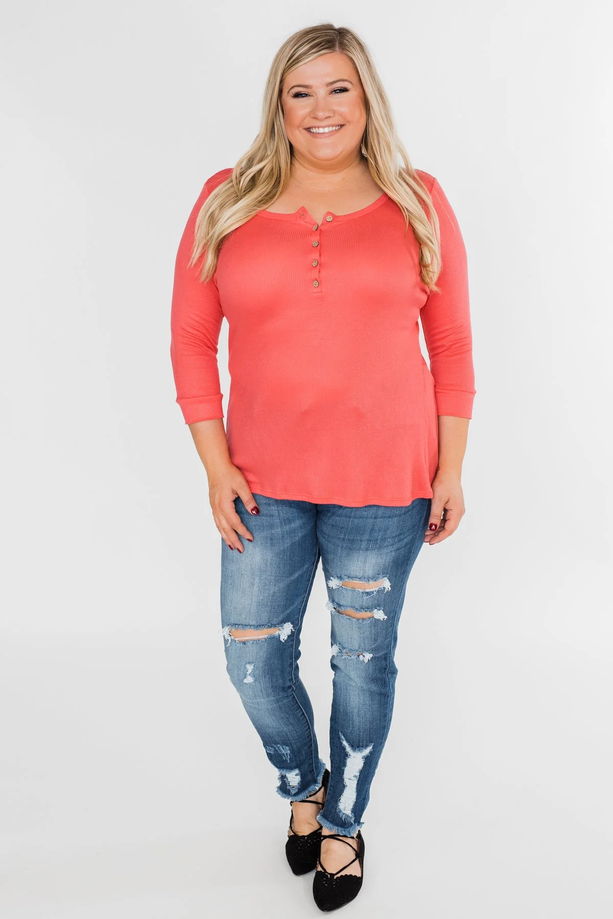 Everyday 3/4 Sleeve Henley - Coral - Image 5