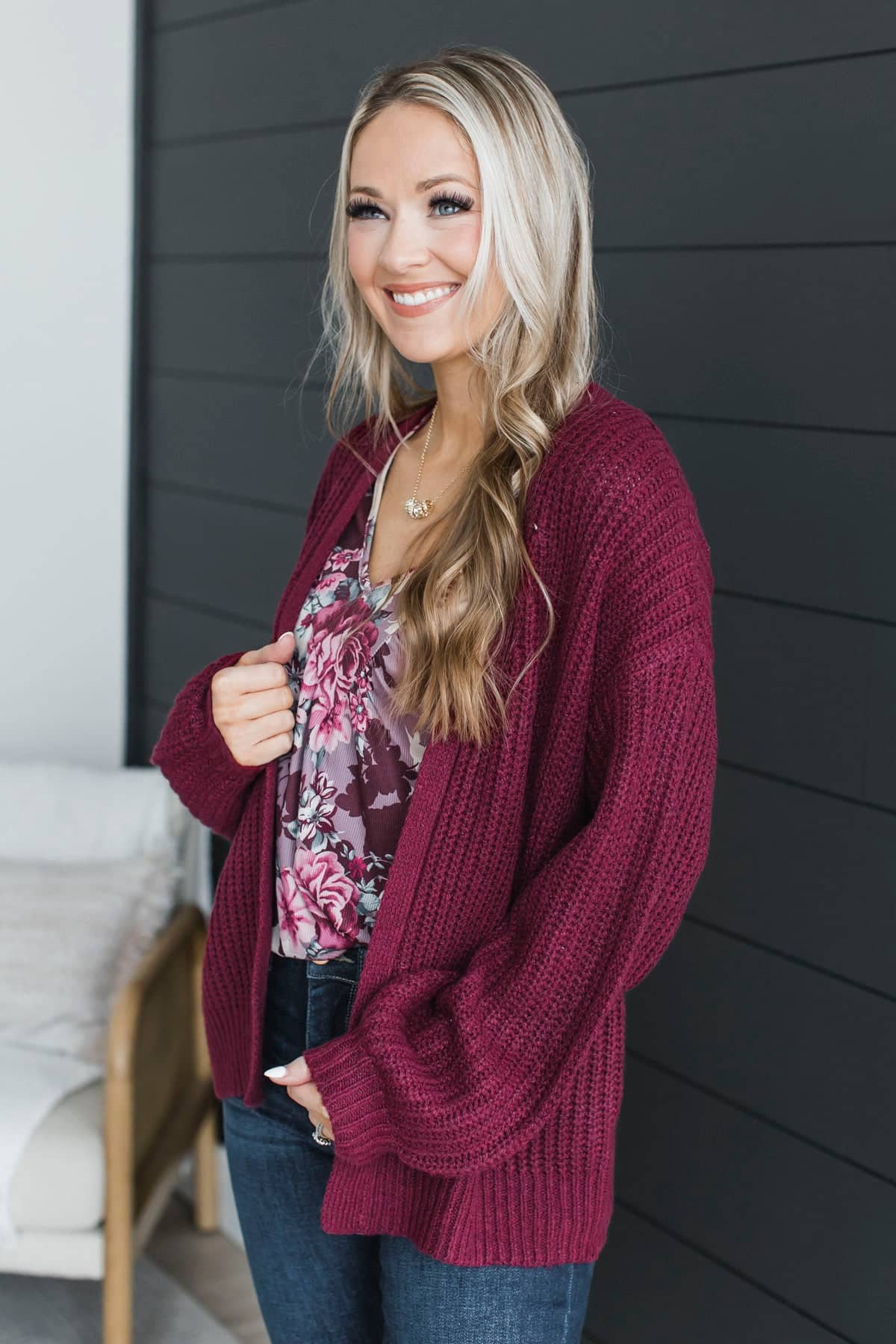 Everyday Magic Open Front Knit Cardigan- Burgundy