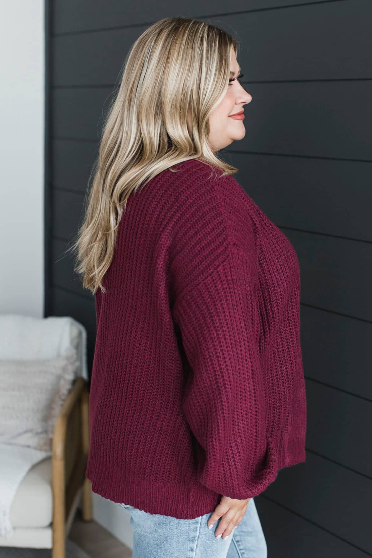 Everyday Magic Open Front Knit Cardigan- Burgundy - Image 6