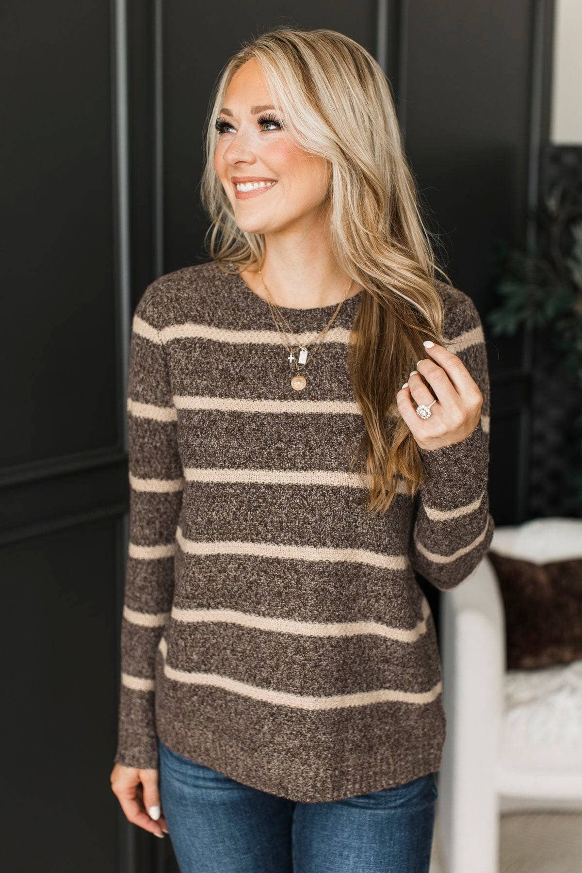 Everyday Miracles Striped Knit Sweater- Dark Brown - Image 3