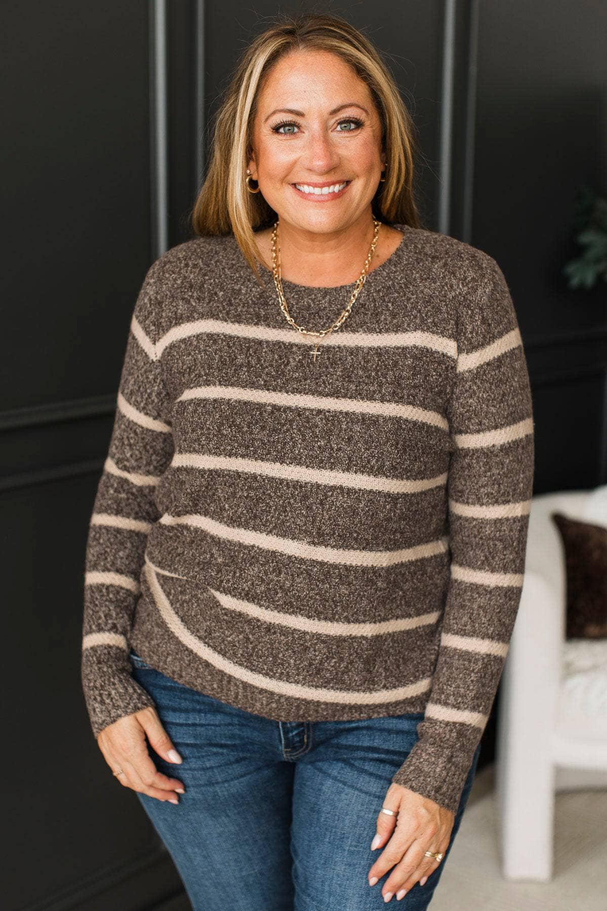 Everyday Miracles Striped Knit Sweater- Dark Brown - Image 4