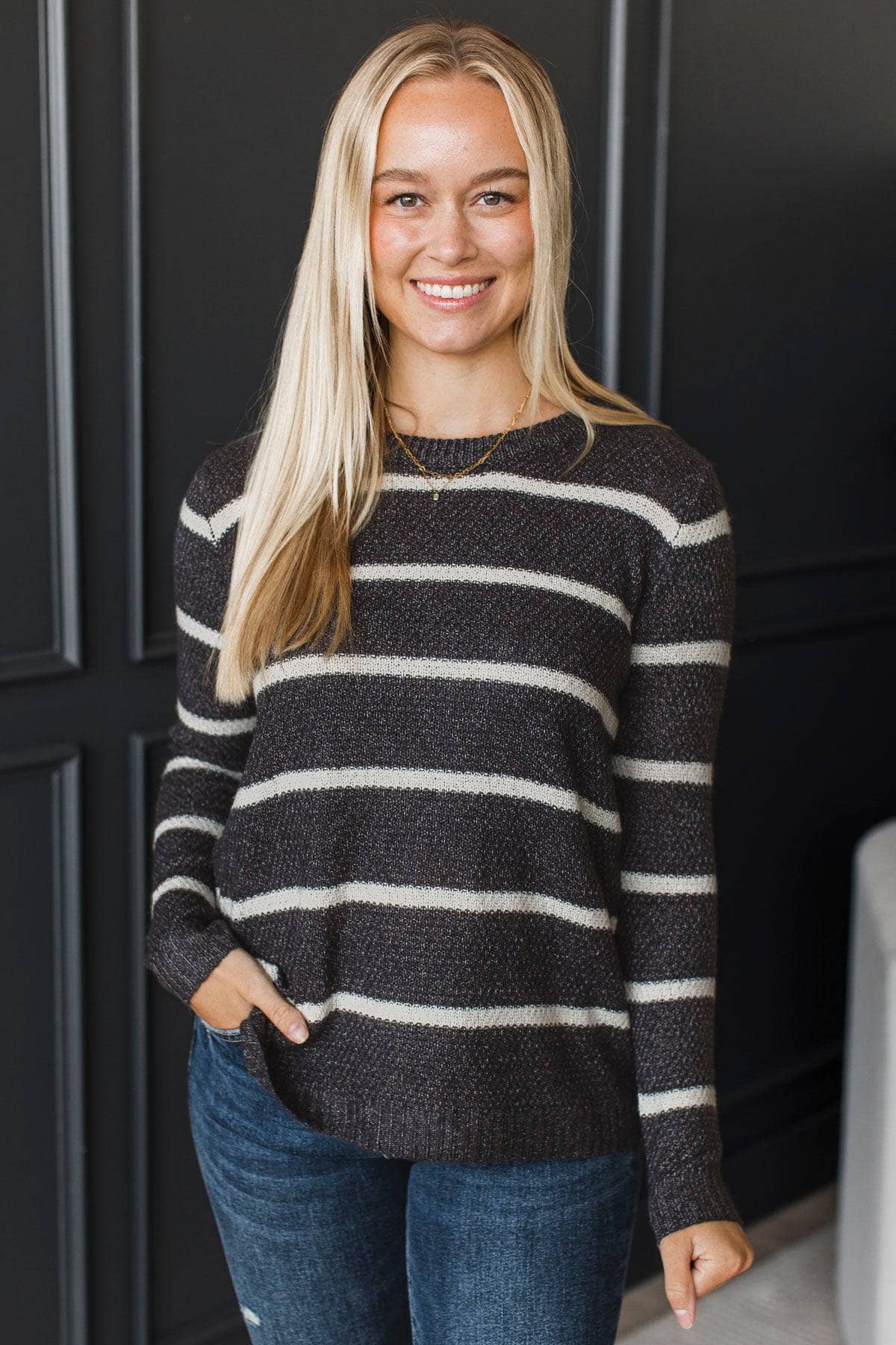 Everyday Miracles Striped Knit Sweater- Dark Charcoal - Image 2