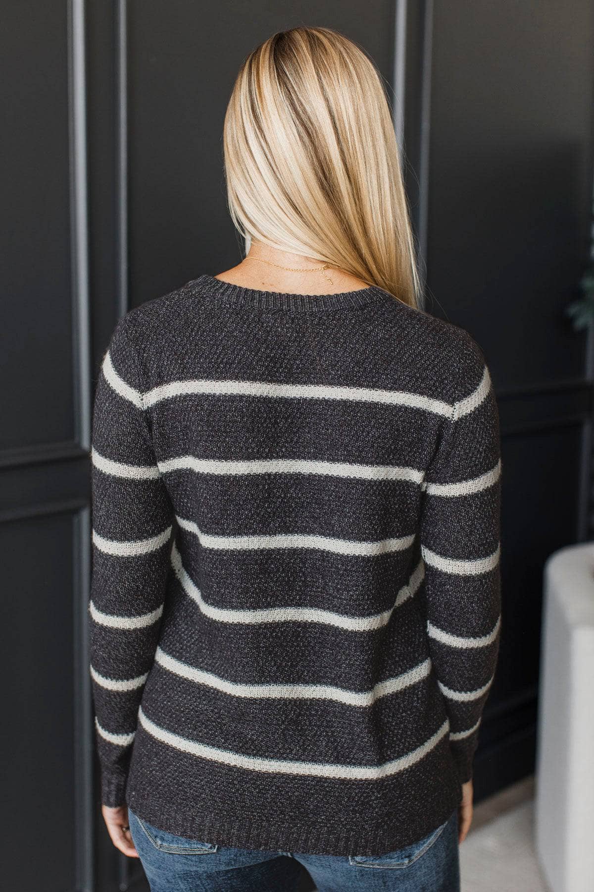 Everyday Miracles Striped Knit Sweater- Dark Charcoal - Image 8
