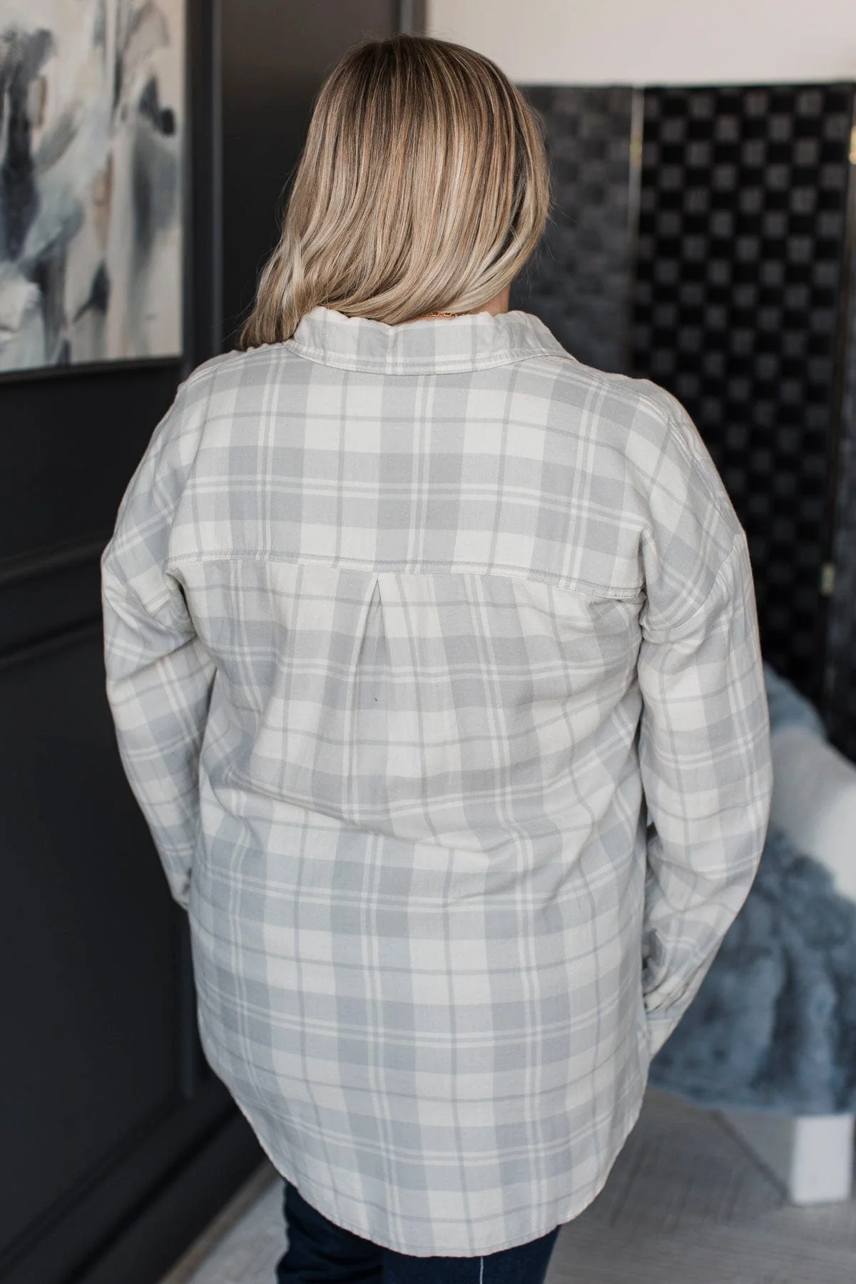 Everyday Moments Plaid Button Top- Light Grey - Image 8