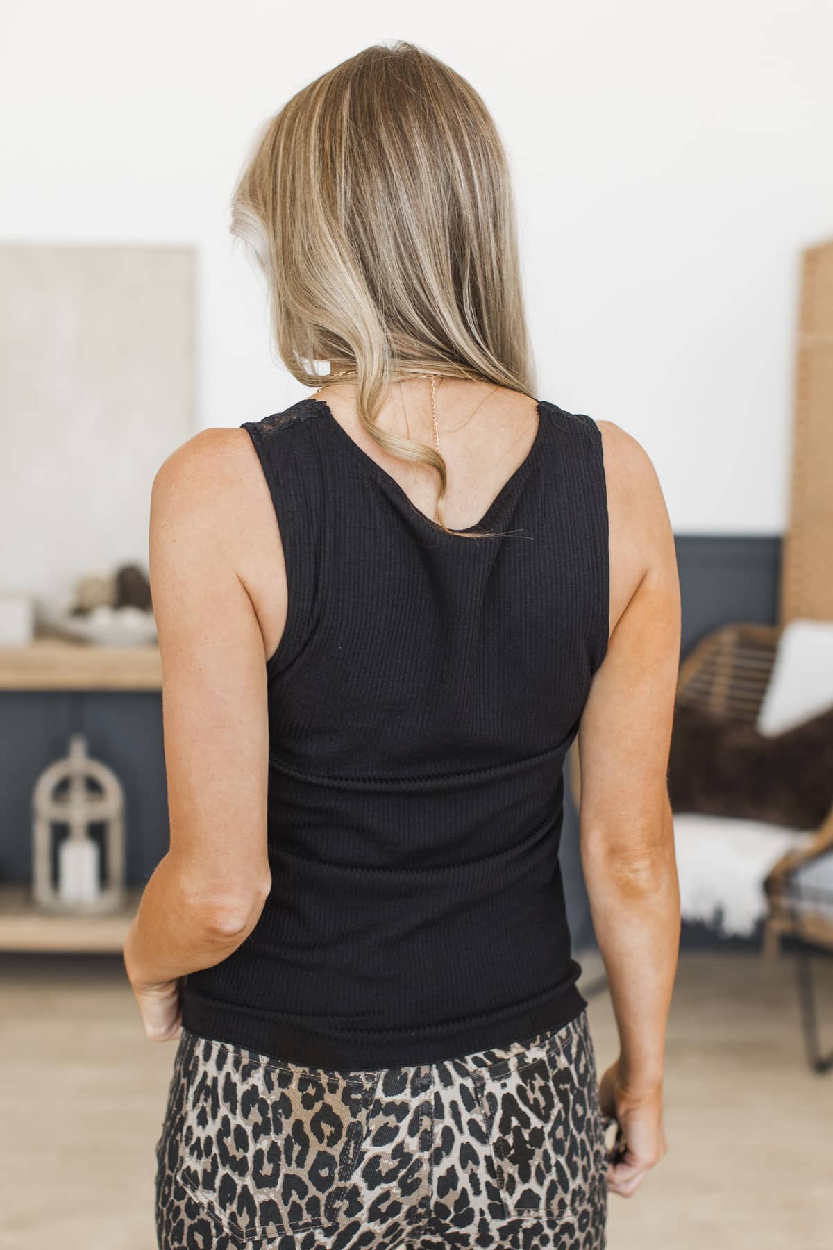 Everyday Neutral Lace Trim Tank Top- Black - Image 7