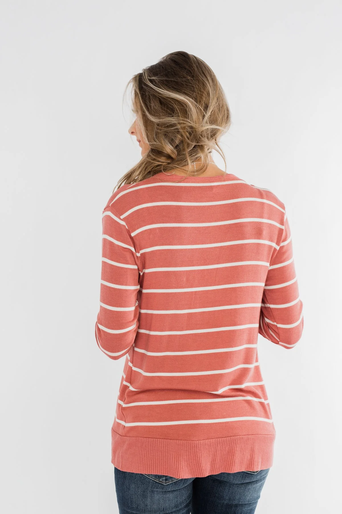Everyday Striped Button Cardigan- Dusty Rose & Ivory - Image 11