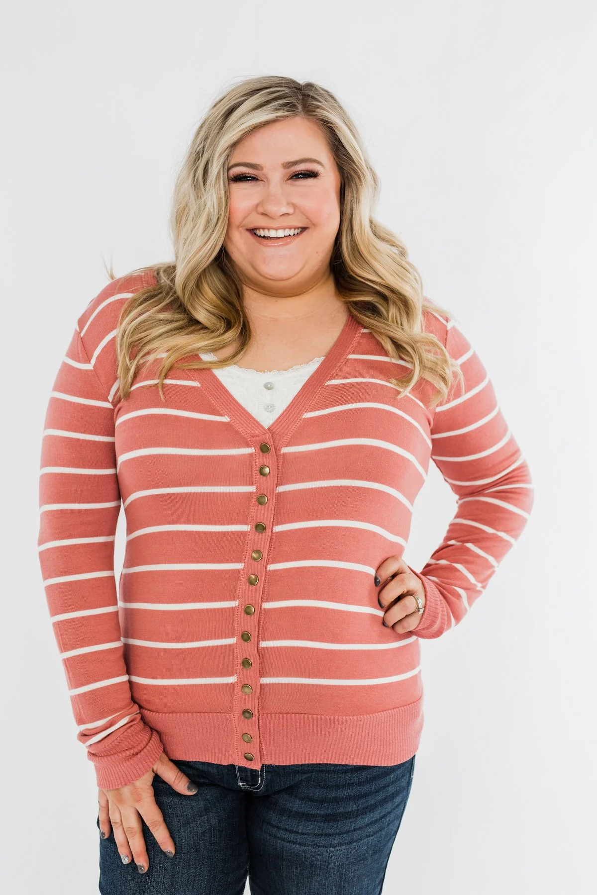 Everyday Striped Button Cardigan- Dusty Rose & Ivory - Image 2