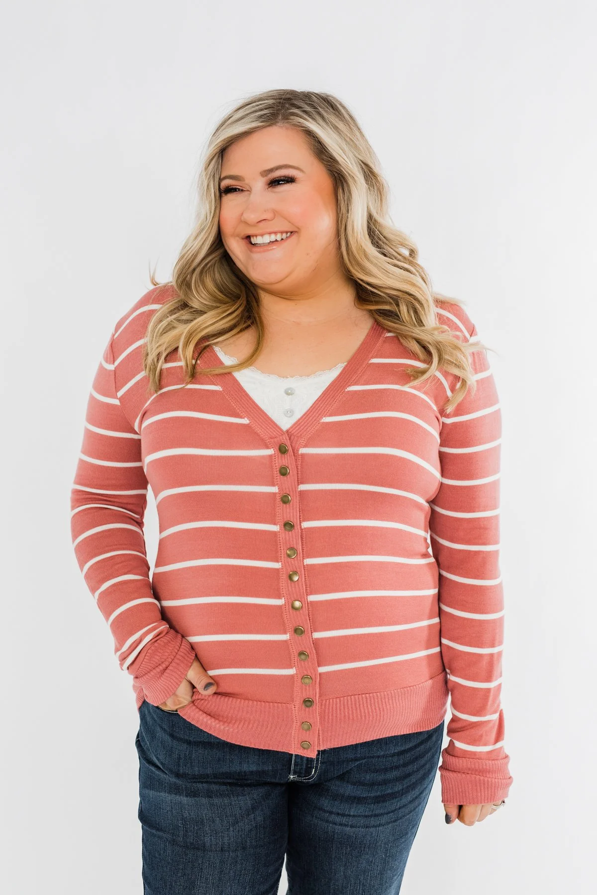 Everyday Striped Button Cardigan- Dusty Rose & Ivory - Image 4