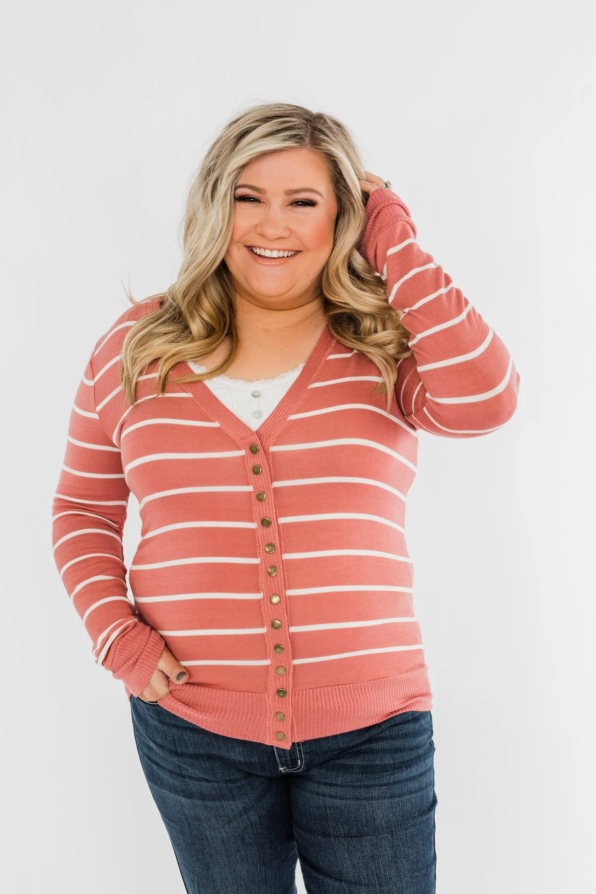 Everyday Striped Button Cardigan- Dusty Rose & Ivory - Image 5