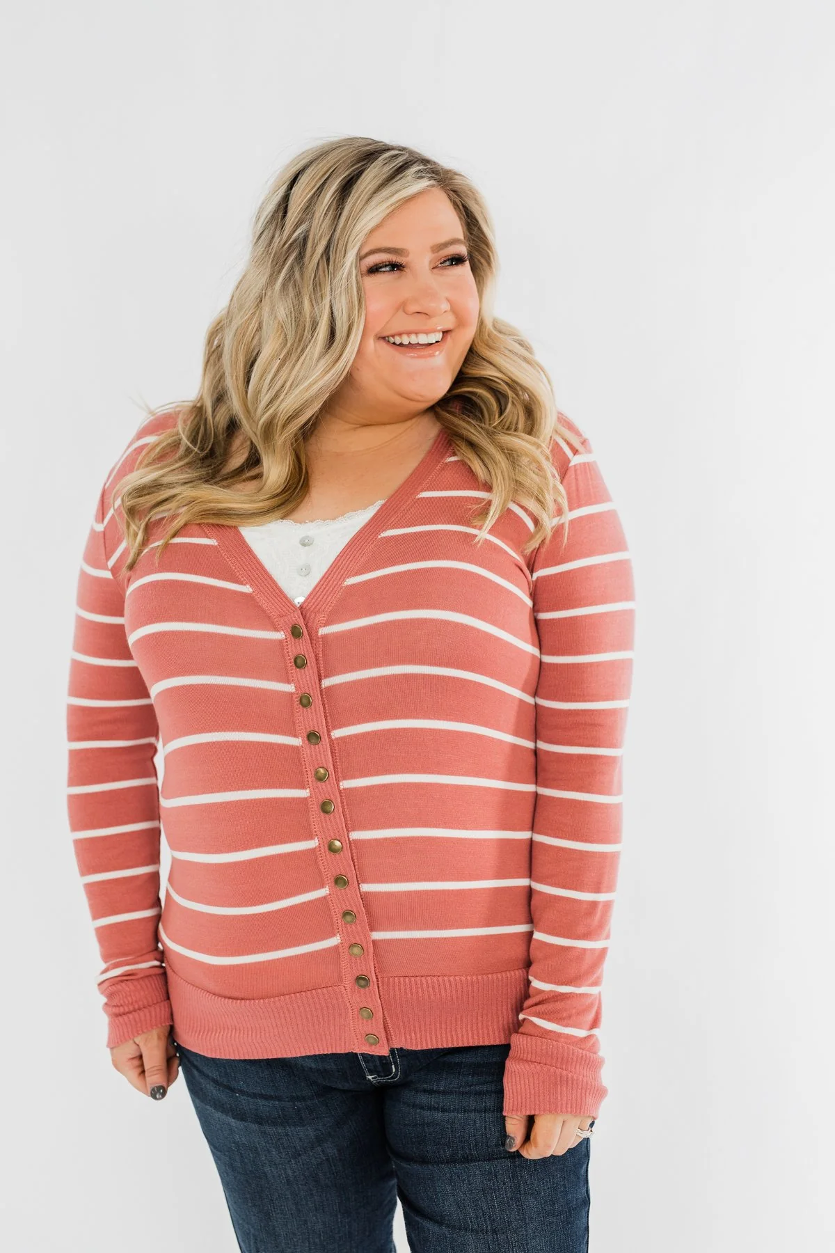 Everyday Striped Button Cardigan- Dusty Rose & Ivory - Image 7