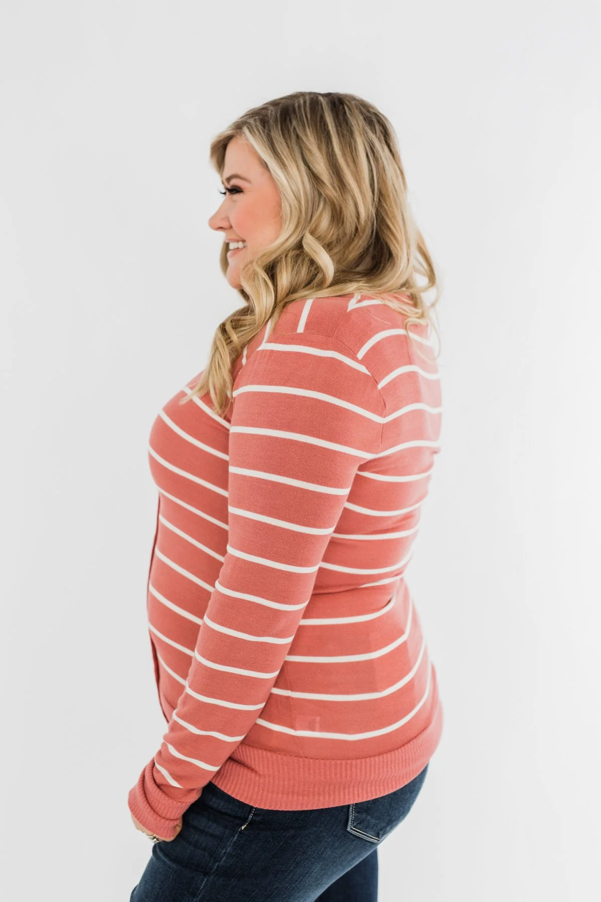 Everyday Striped Button Cardigan- Dusty Rose & Ivory - Image 8