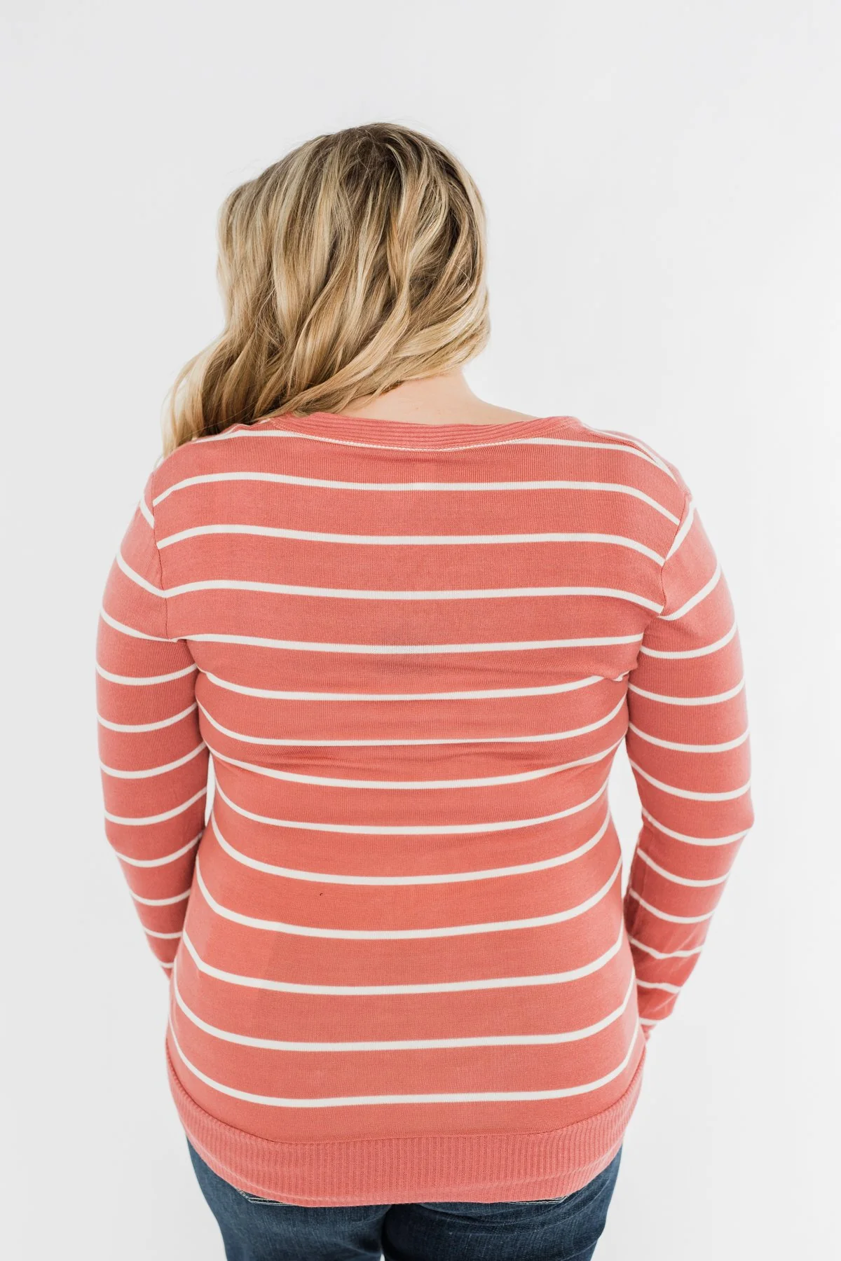 Everyday Striped Button Cardigan- Dusty Rose & Ivory - Image 9