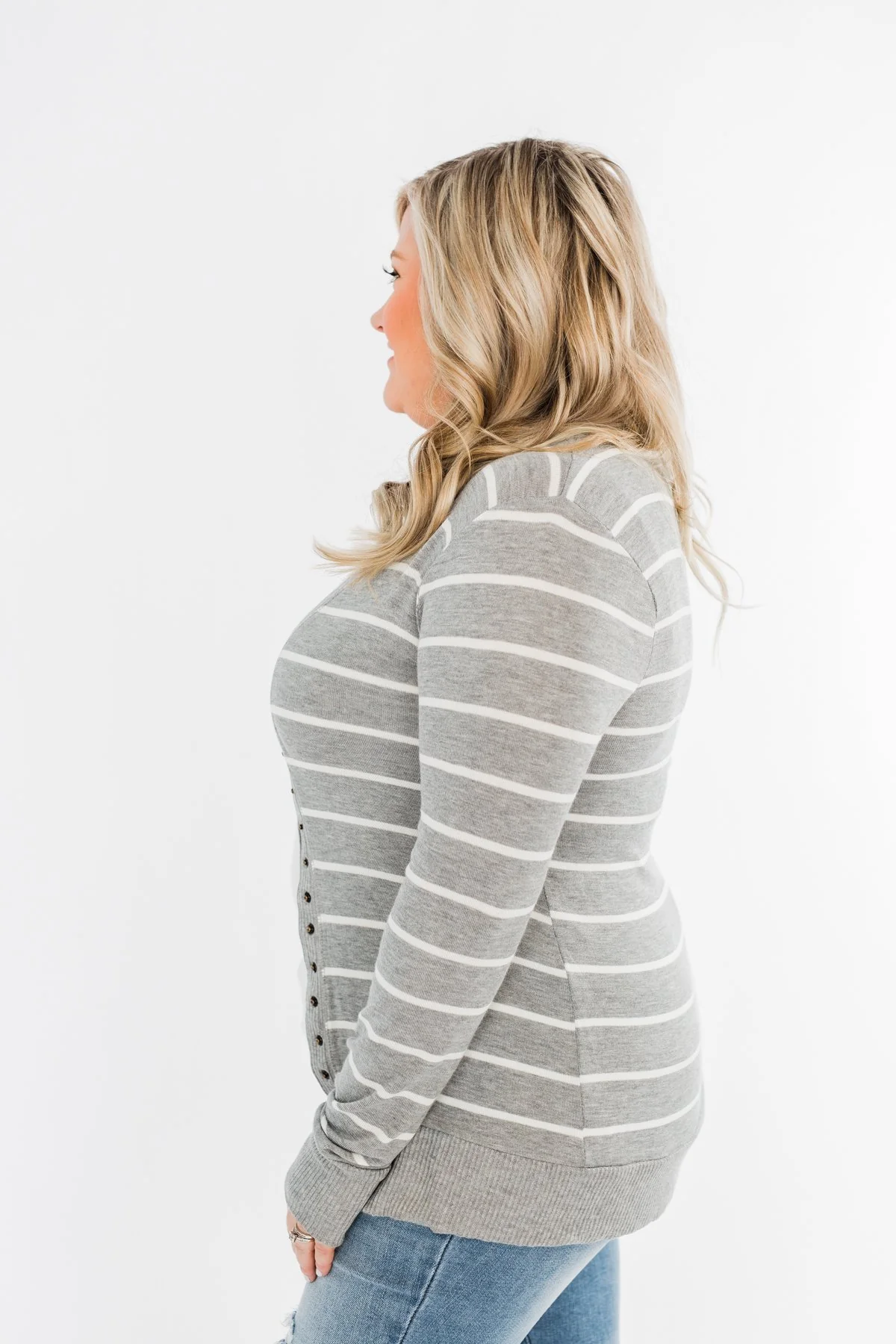 Everyday Striped Button Cardigan- Grey & Ivory - Image 8