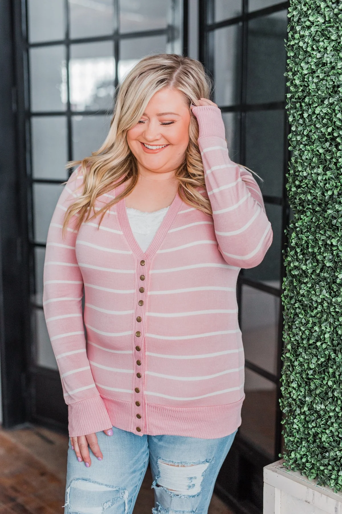 Everyday Striped Button Cardigan- Light Pink & Ivory - Image 5