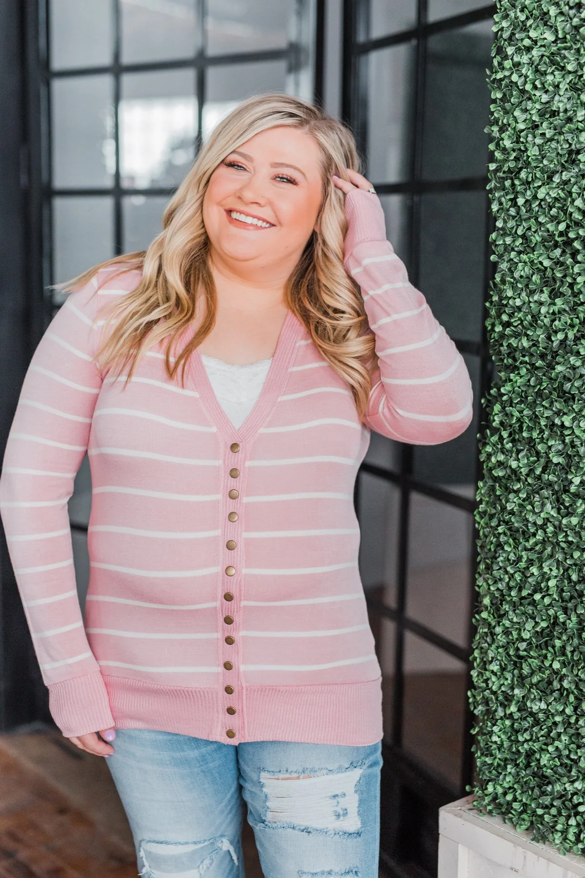 Everyday Striped Button Cardigan- Light Pink & Ivory - Image 6