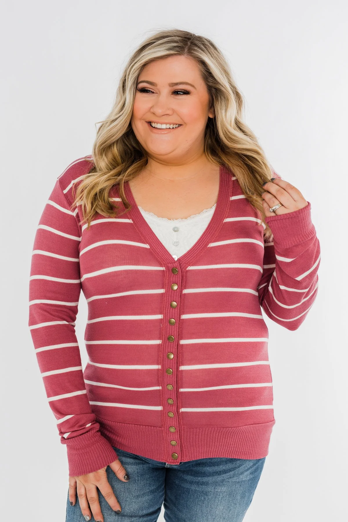 Everyday Striped Button Cardigan- Raspberry Pink - Image 2