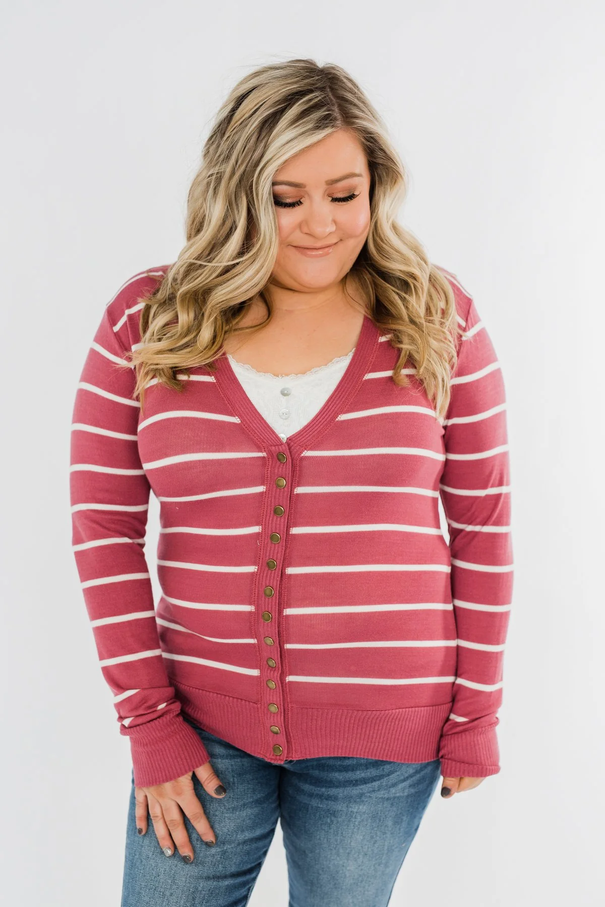 Everyday Striped Button Cardigan- Raspberry Pink - Image 7