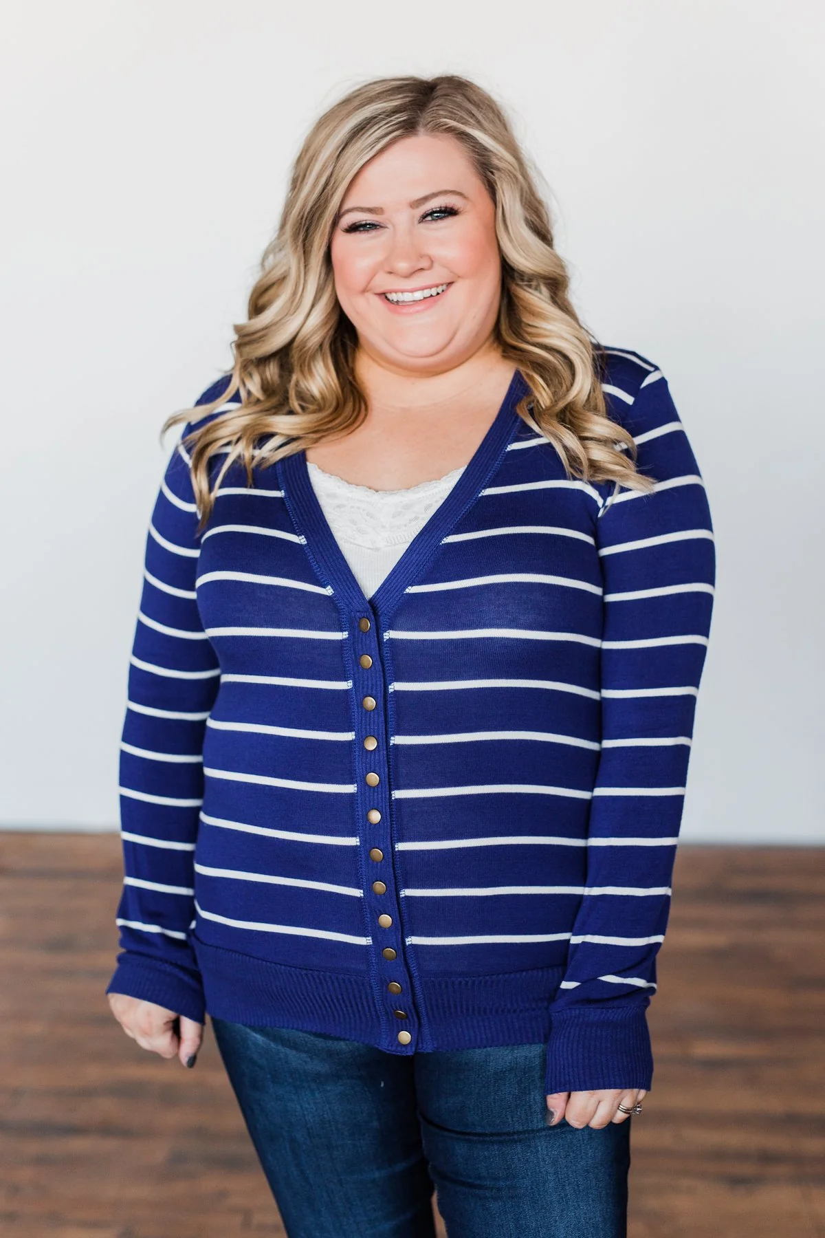 Everyday Striped Button Cardigan- Royal Blue & Ivory - Image 3