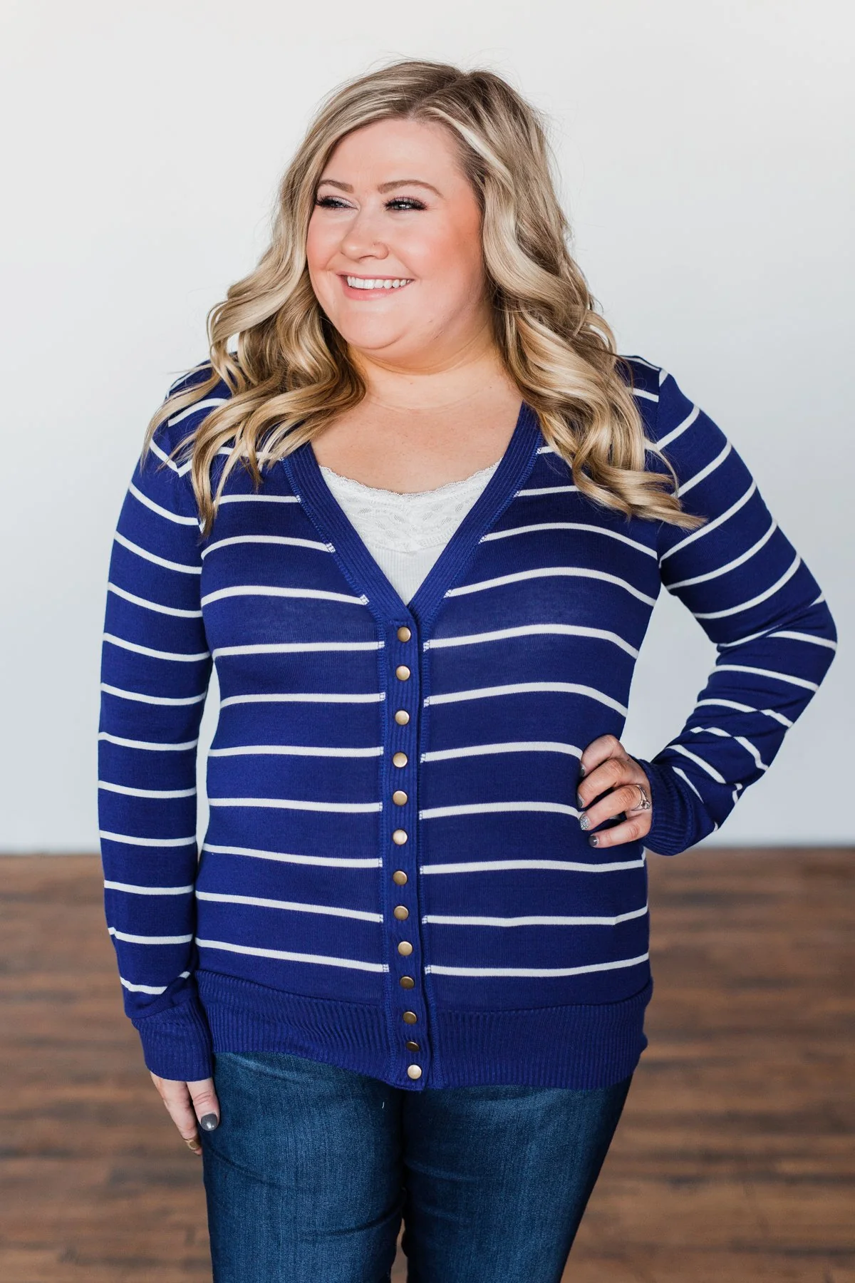 Everyday Striped Button Cardigan- Royal Blue & Ivory - Image 5