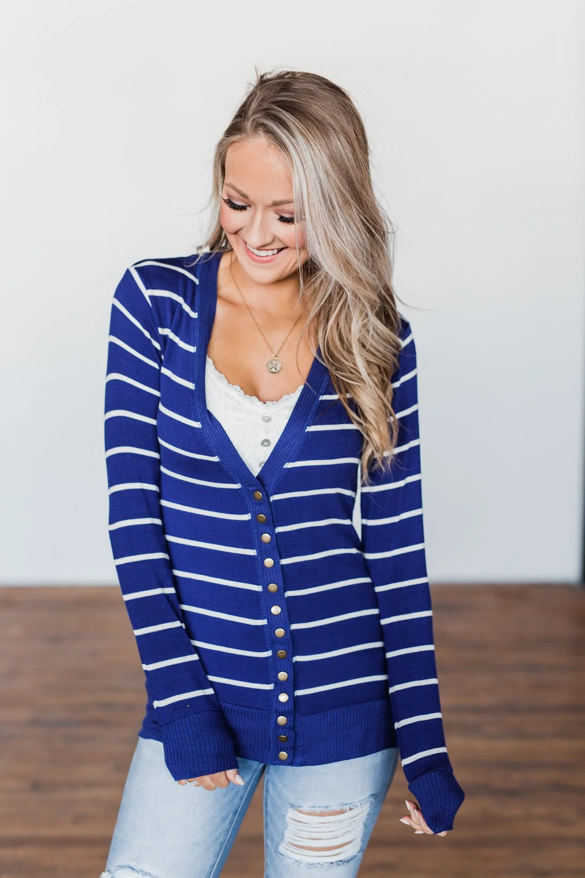 Everyday Striped Button Cardigan- Royal Blue & Ivory - Image 6