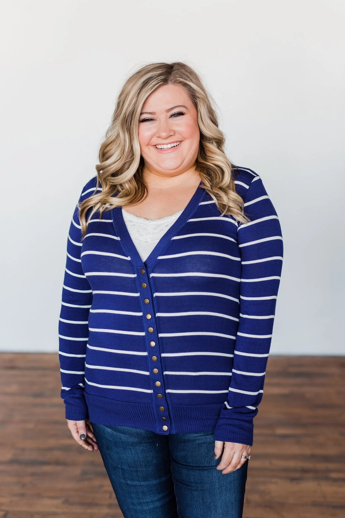 Everyday Striped Button Cardigan- Royal Blue & Ivory - Image 7