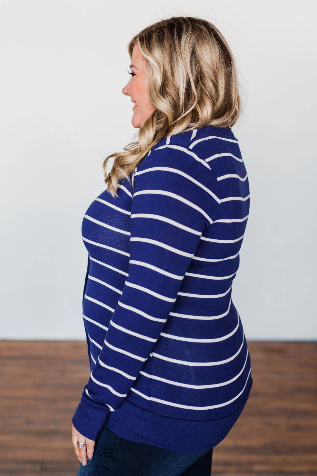 Everyday Striped Button Cardigan- Royal Blue & Ivory - Image 9