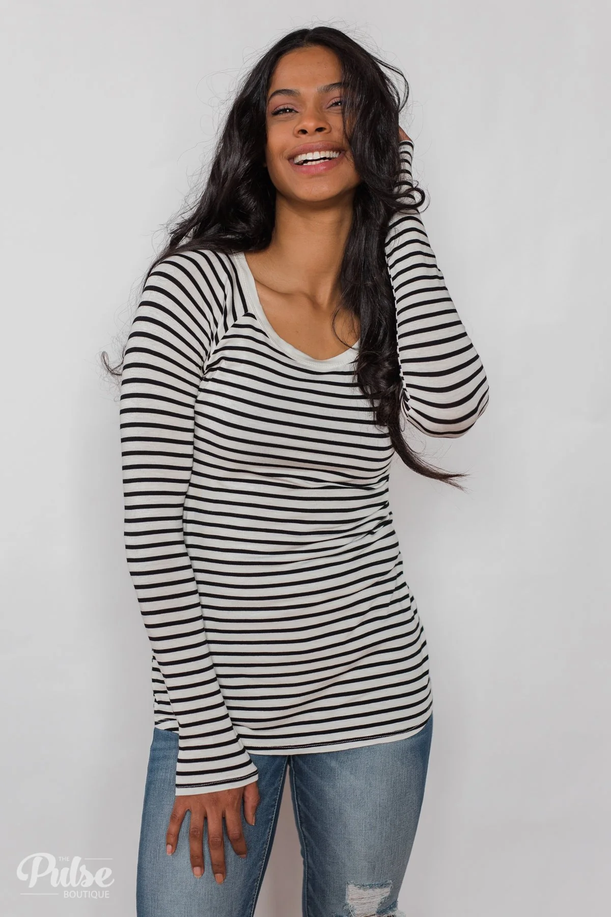 Everyday Striped Long Sleeve Top- White & Black - Image 3