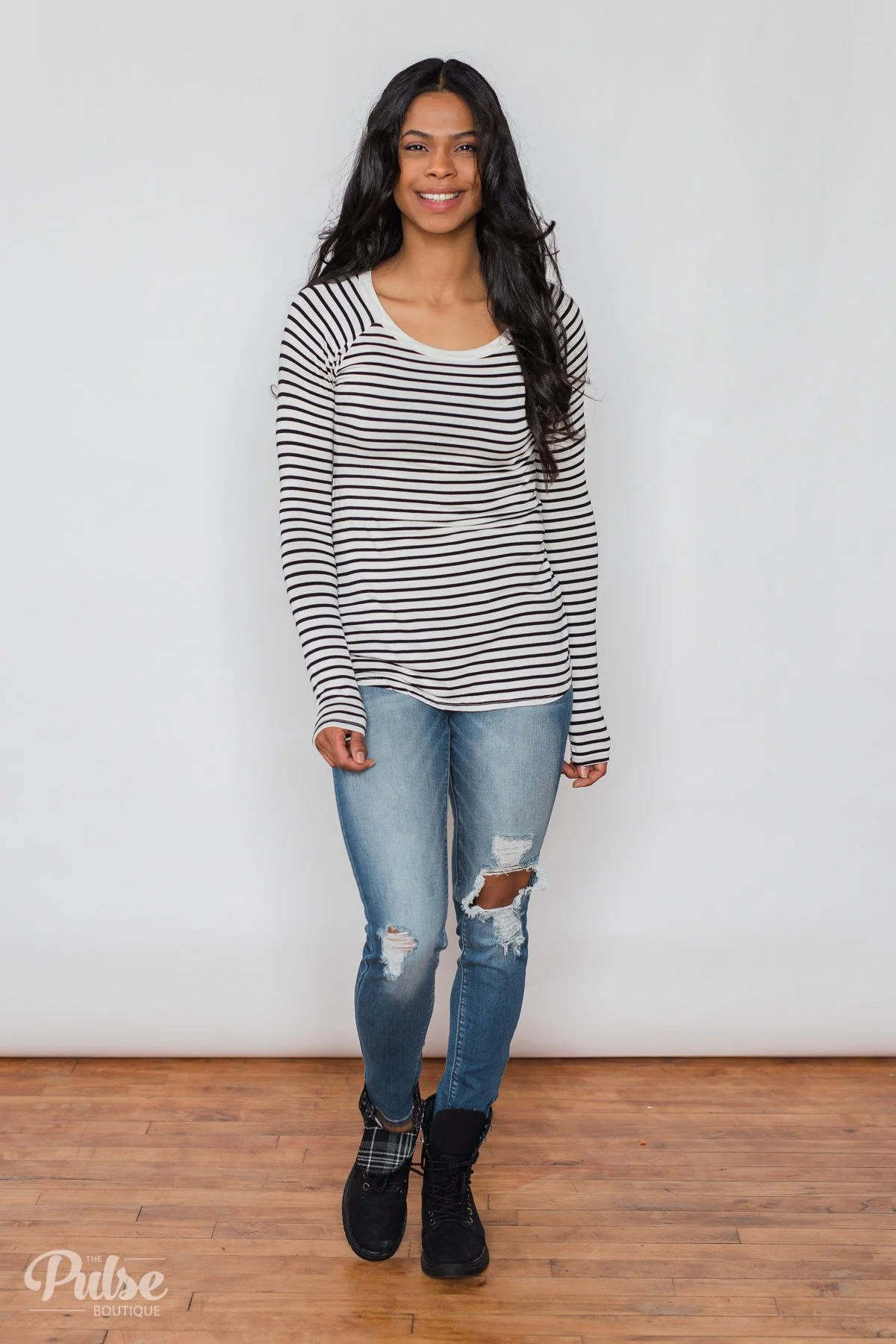 Everyday Striped Long Sleeve Top- White & Black - Image 4