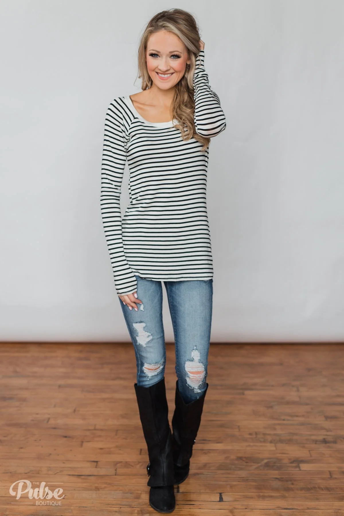 Everyday Striped Long Sleeve Top- White & Black - Image 5