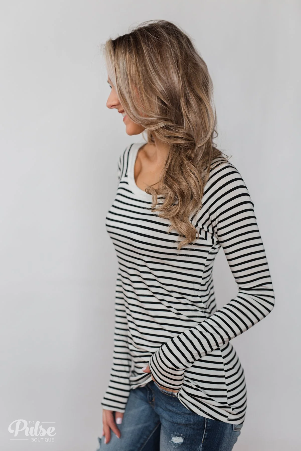 Everyday Striped Long Sleeve Top- White & Black - Image 8