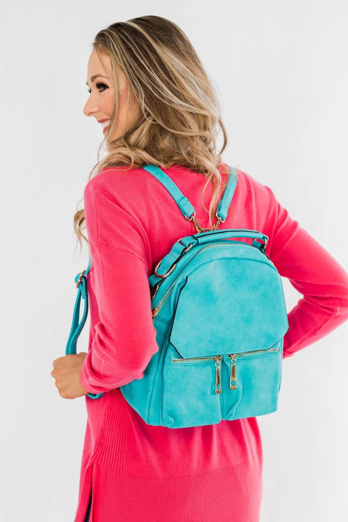 Everyday Zipper Detail Backpack- Turquoise - Image 3