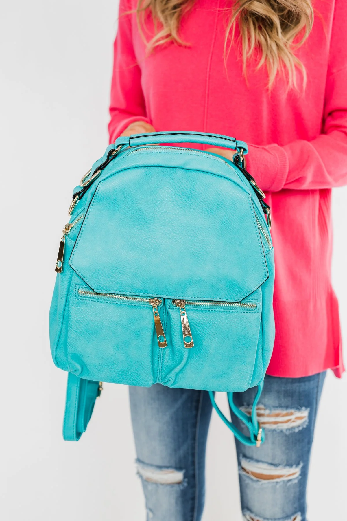 Everyday Zipper Detail Backpack- Turquoise - Image 4