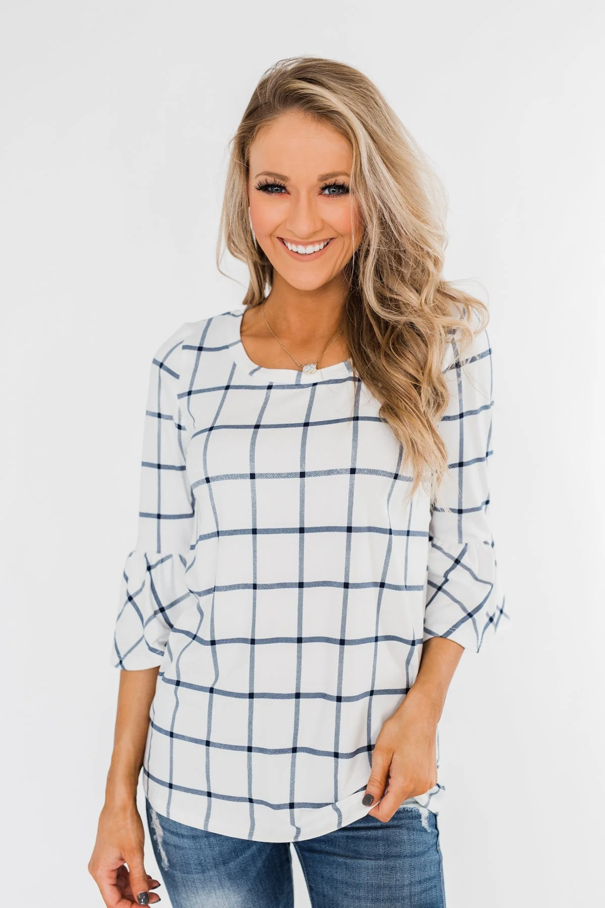 Everything I Need Plaid Top- Ivory & Blue - Image 2