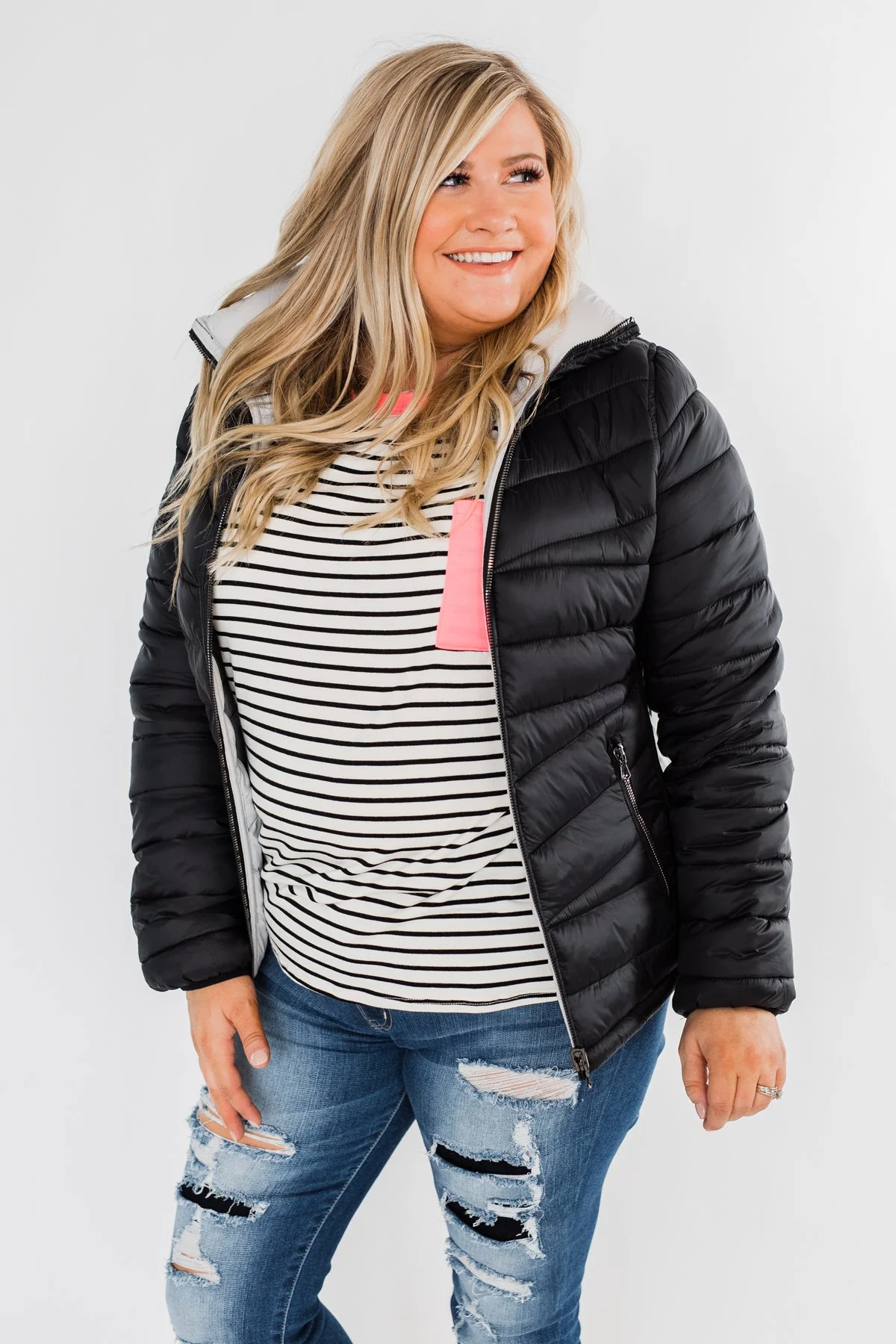 Everything I Want Reversible Puffer Coat- Black & Light Grey - Image 2