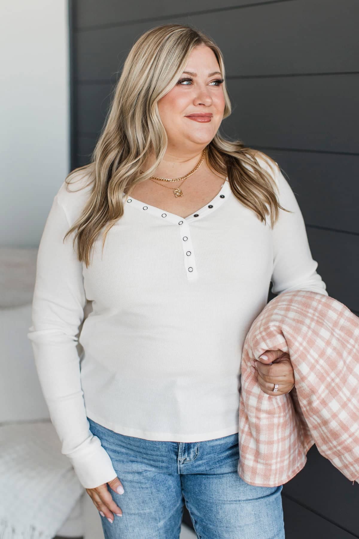 Everything In Time Long Sleeve V-Neck Top- Off-White