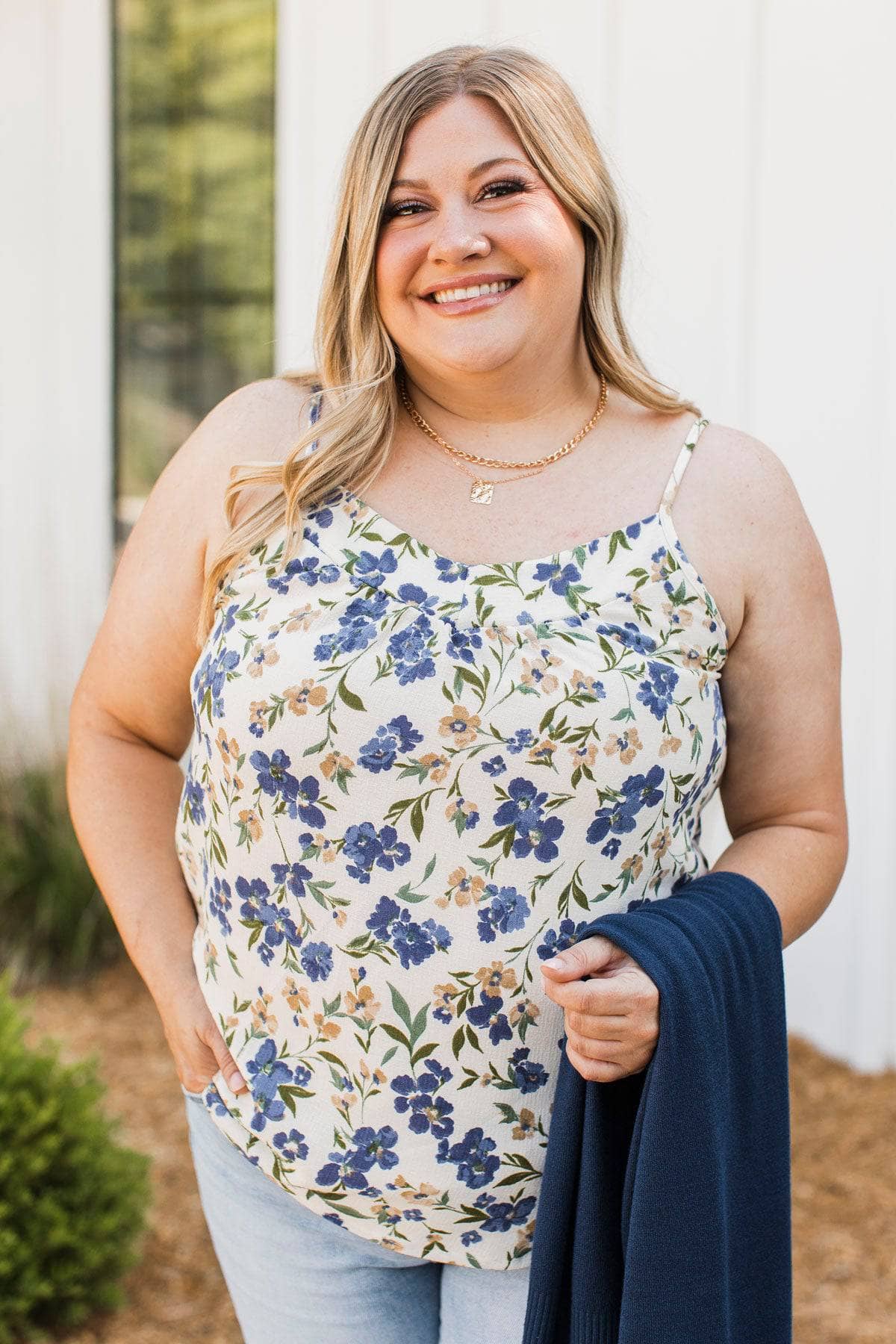 Everything It Takes Floral Tank Top- Ivory & Navy