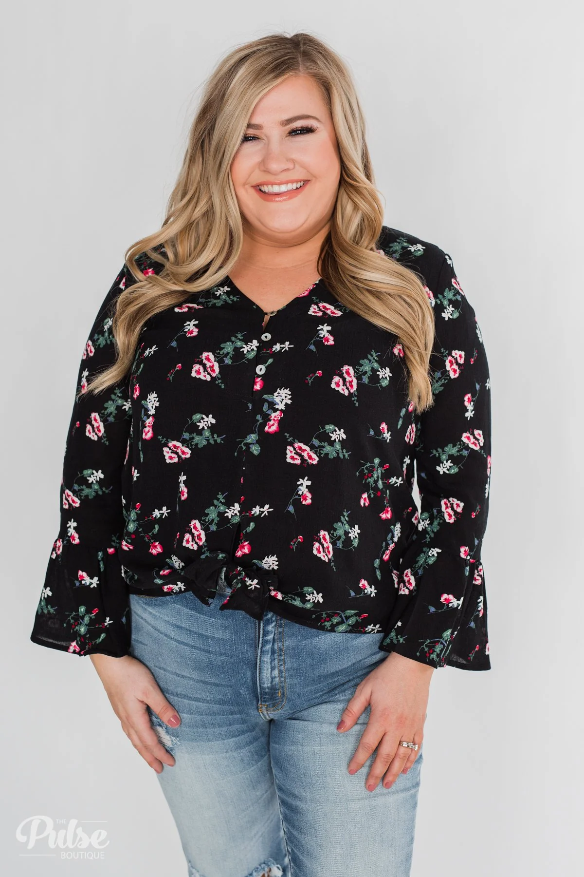 Everything & More Bell Sleeve Floral Blouse- Black - Image 10
