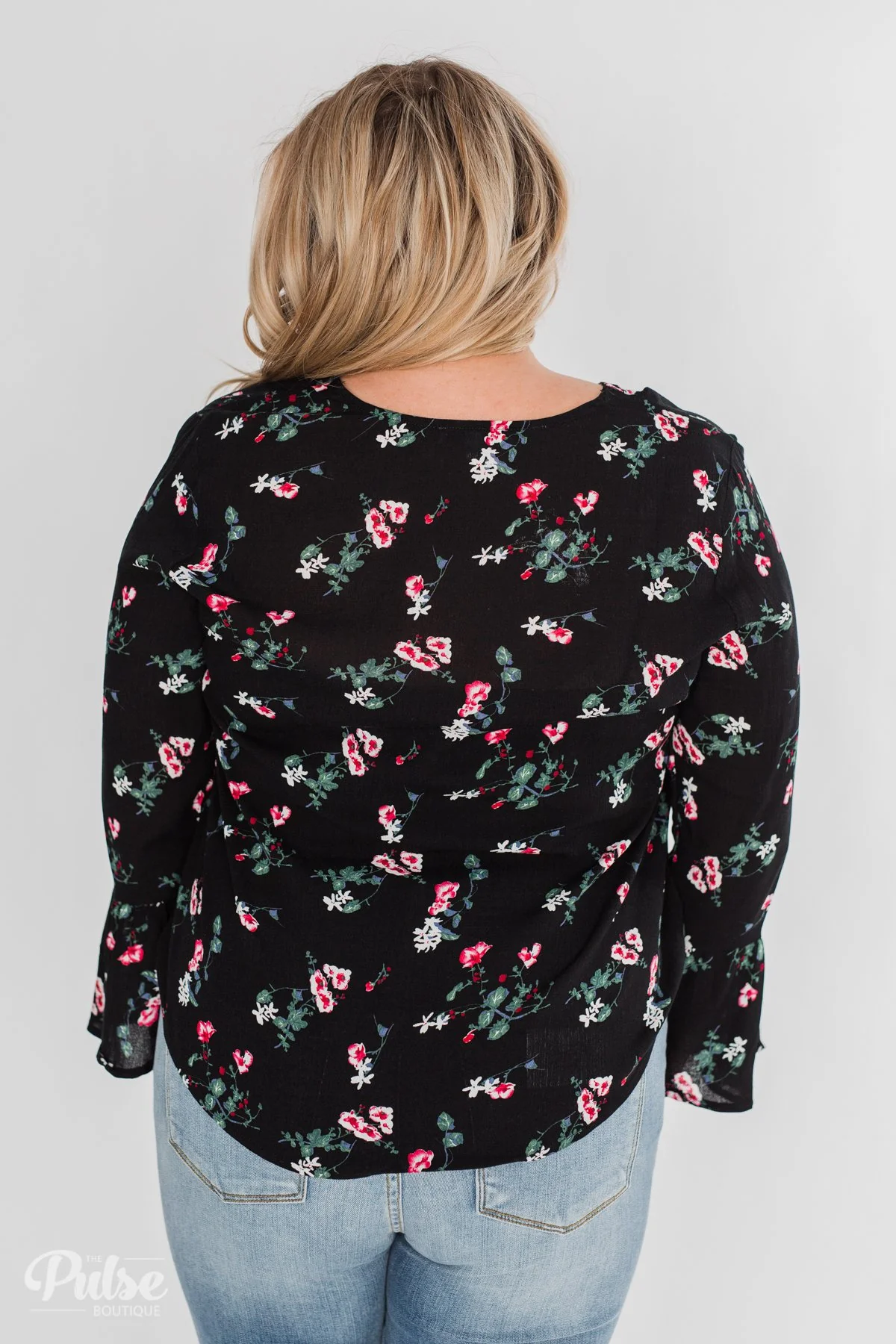 Everything & More Bell Sleeve Floral Blouse- Black - Image 12