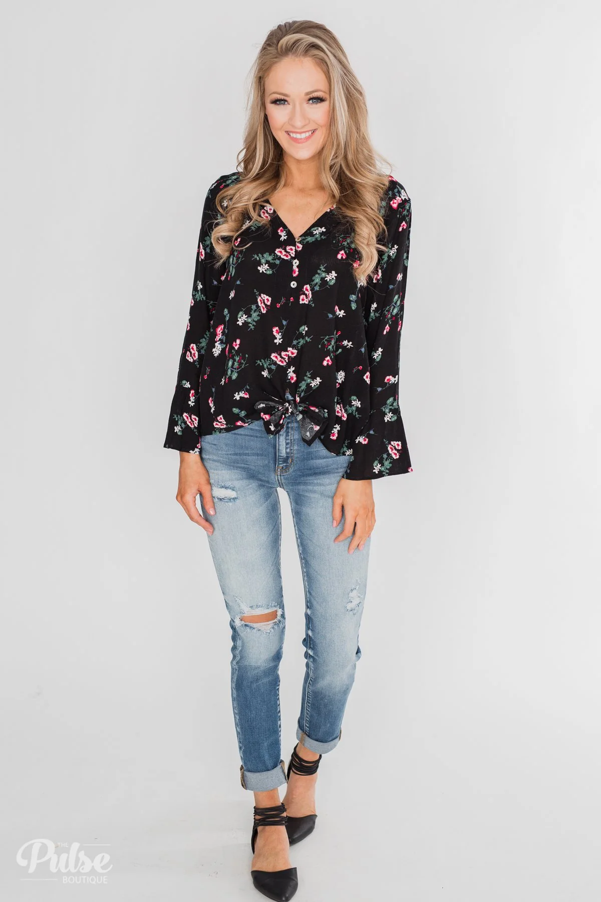 Everything & More Bell Sleeve Floral Blouse- Black - Image 3