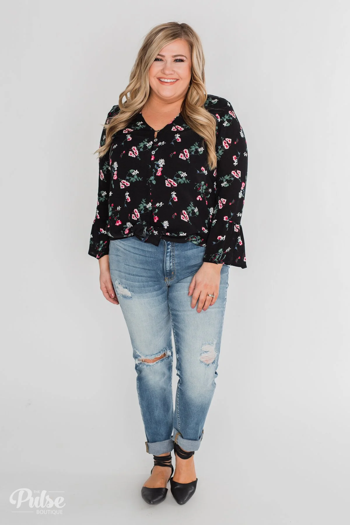 Everything & More Bell Sleeve Floral Blouse- Black - Image 4