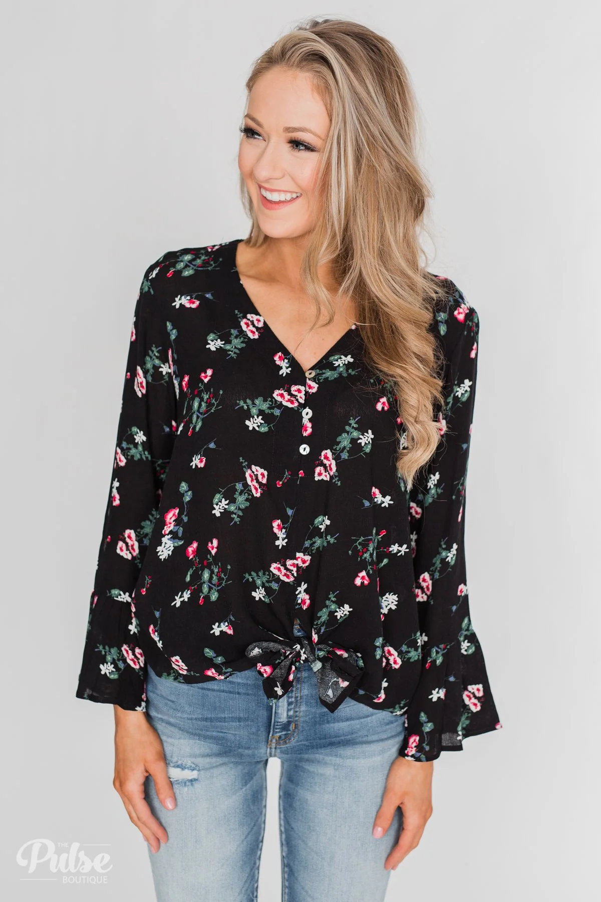 Everything & More Bell Sleeve Floral Blouse- Black - Image 5