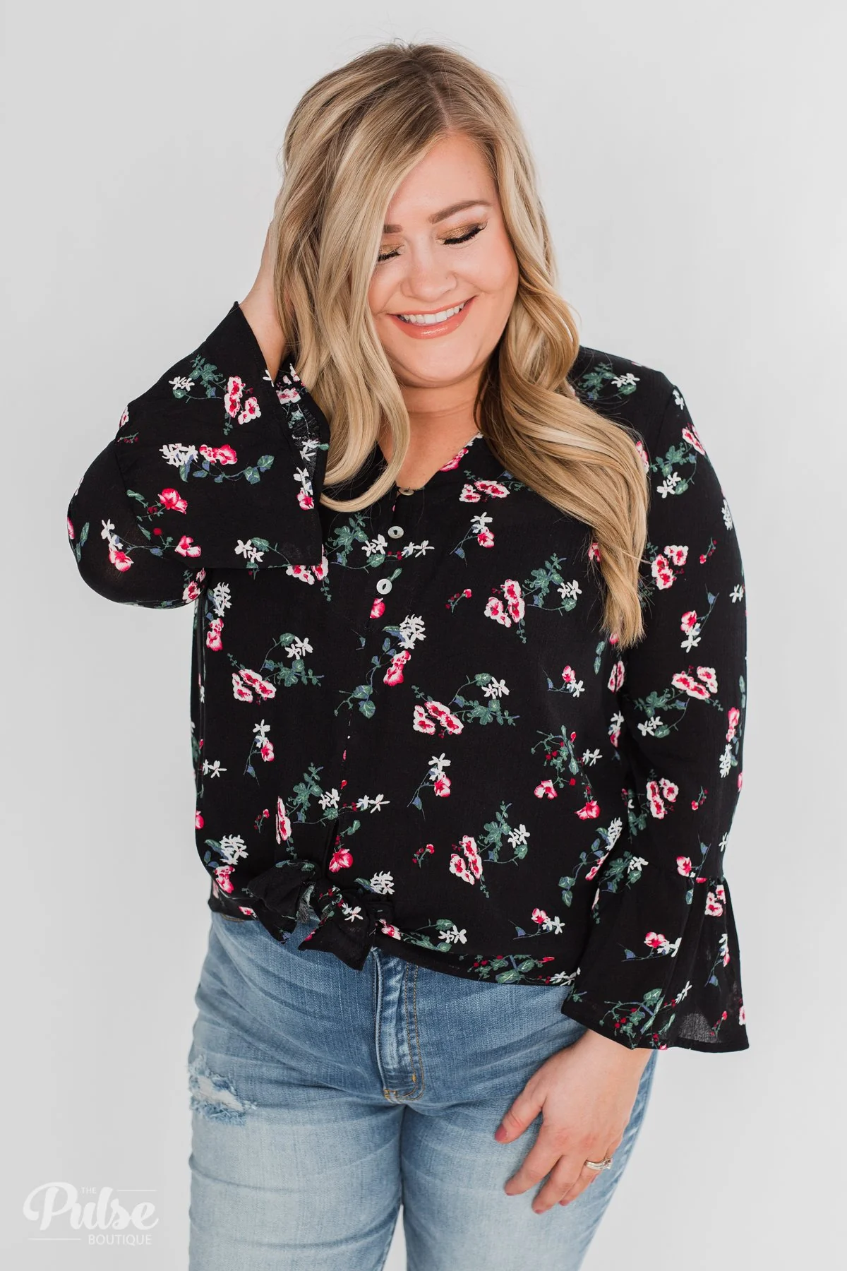 Everything & More Bell Sleeve Floral Blouse- Black - Image 9