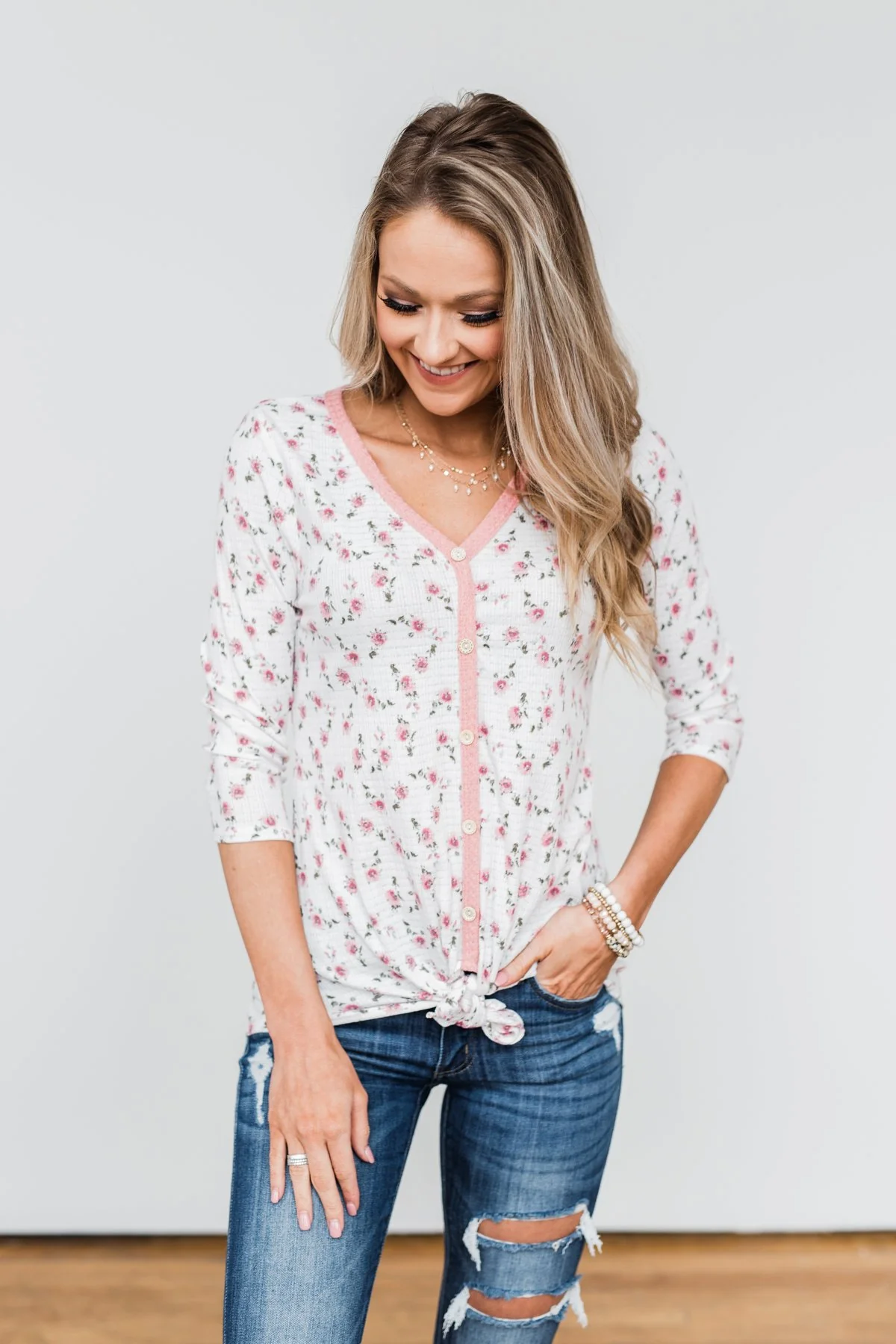Everything To Me Floral Knit 3/4 Sleeve Top- Ivory - Image 2