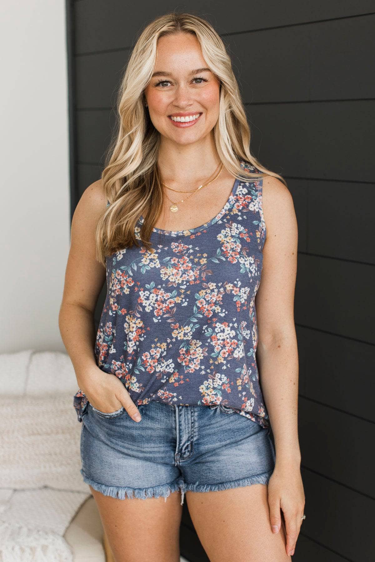 Everything You Are Floral Tank Top- Navy